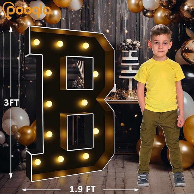Pooqla 3 FT Marquee Light Up Letters, Black Marquee Letter Lights 3 Feet Tall, Giant LED Sign Big Mosaic Letters for Balloons Birthday Party Anniversary Wedding Decorations, Black Warm White B