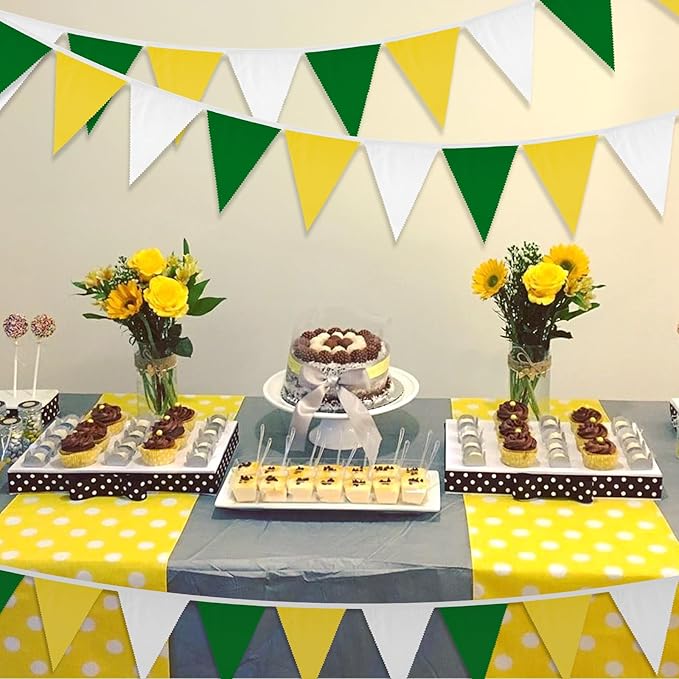 GCQQ 39Ft Yellow Green White Banner - 42PCS Cotton Pennant Banner Flags Spring Summer Triangle Golf Wall Banners for Football Banquets Birthday Wedding Tea Party Outdoor Patio Graduation Decoration