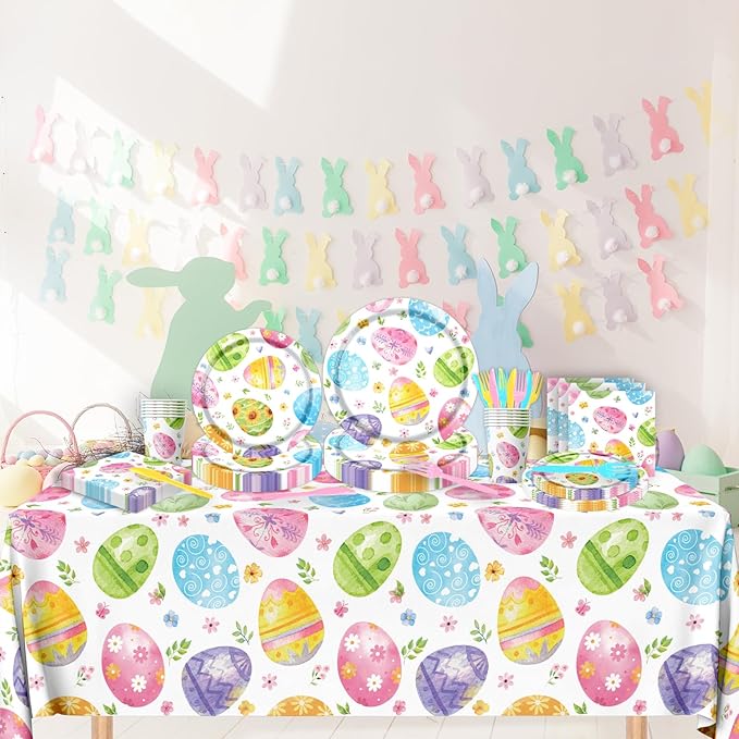 Easter Party Decorations Tableware,145pcs Easter Plates and Napkins,Cup,Tablecloth,Fork,Knife,Disposable Easter Egg Paper Plates and Napkins for Spring Easter Party Supplies,Sever 24