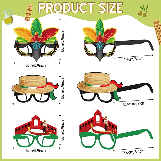 Pajean 32 Pcs Italian Party Decorations Italy Theme Eyeglasses Italian Paper Glasses Frame Photo Booth Props Italy Party Favors for Pizza Birthday Baby Shower Birthday Supplies