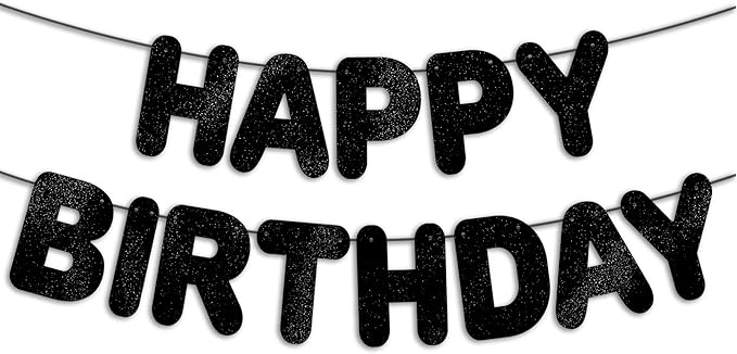 Pre-Strung Happy Birthday Black Glitter Banner, Black Birthday Party Decorations for Men, BDAY Party Backdrop Sign for Him