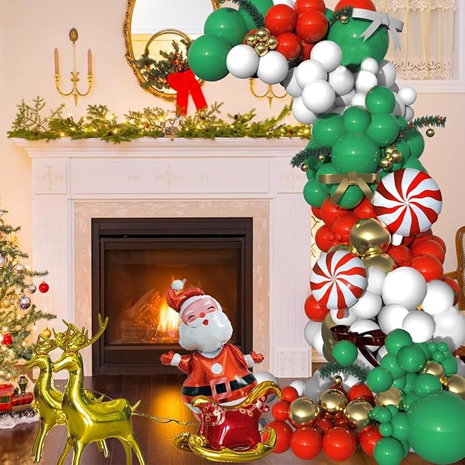 Christmas Balloon Garland Arch kit, 134 Pieces Xmas Green Red White Gold Balloons Garland Kit, Candy Cane Foil Balloons Elk Santa Claus Balloon for New Year Christmas Party Decorations