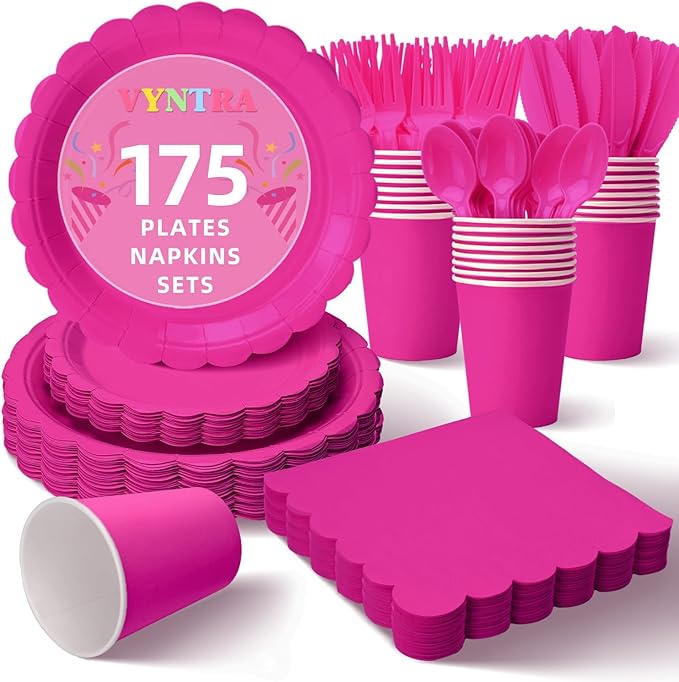 Vyntra 175 Pcs Hot Pink Disposable Paper Plates and Napkins Set for 25, 9" Dinner Plates & 7" Dessert Plates, Tableware for Birthday, Bachelorette, Party