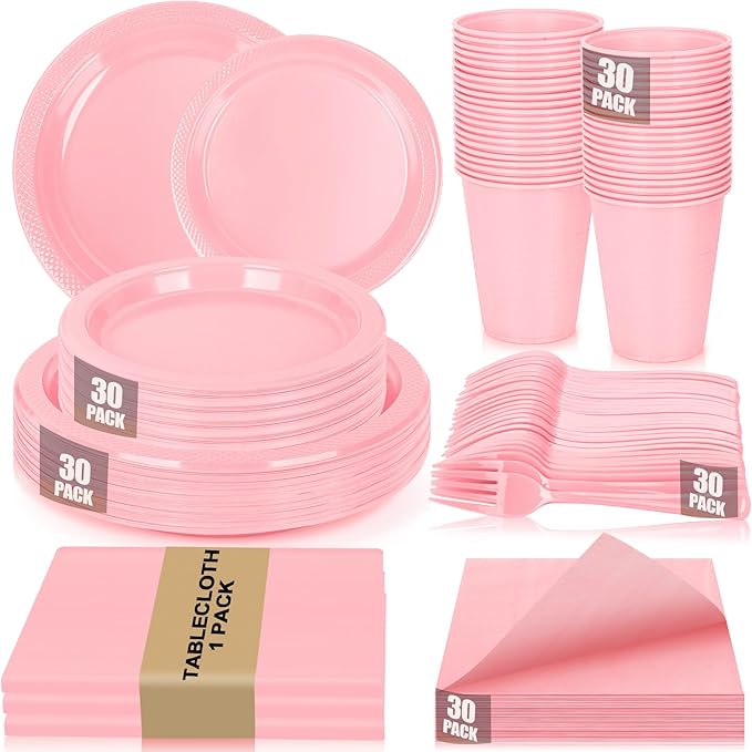 Pink Plastic Plates for Party,30 Guest Disposable Plastic Plates Set 9" Plates,7" Dessert Plate,Napkins,Cups,Forks & Tablecloth for Birthday Wedding Baby Shower,Girlfriends Tea Party