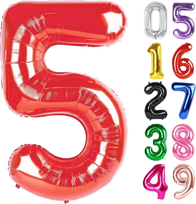 Red Number 5 Balloon 40 Inch, 5th Birthday Party Decorations for Children, Giant 5 Foil Balloon for Party Supplies
