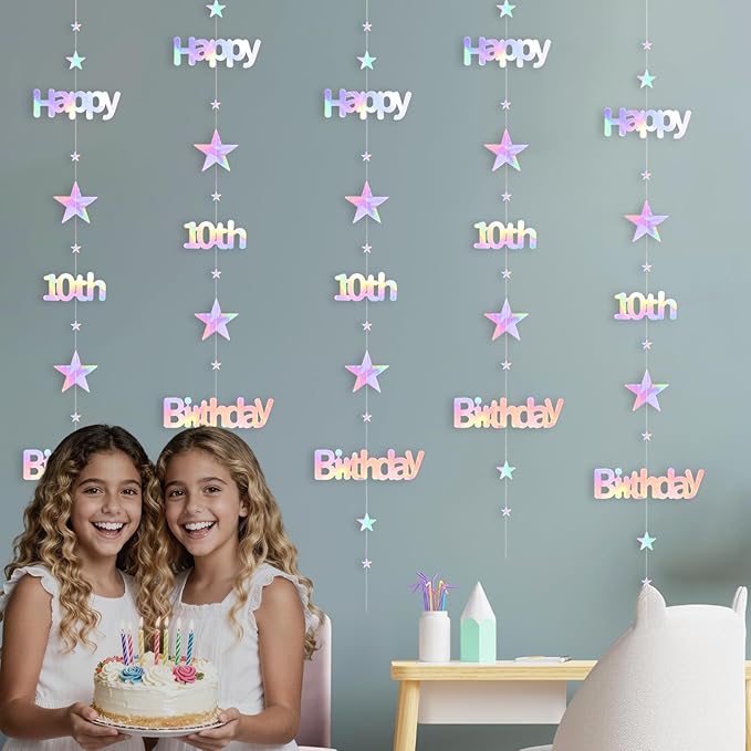 Iridescent 10th Birthday Decorations for Girls Boys Metallic Twinkle Stars Garland Hanging Streamers Double Digits Bunting Banner Party Backdrop Decor Suppliess