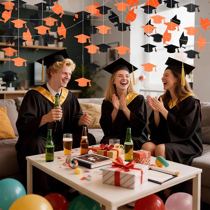 Black and Orange Graduation Garland Graduation Party Decorations Class of 2026 Grad Cap Garland Banner Streamers for Grad Party Hanging Decorations 39Feet
