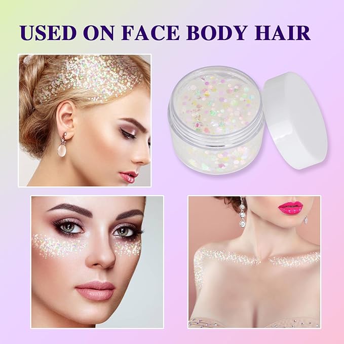White Face Hair Glitter Gel,Mermaid White Holographic Body Glitter for Kids,Singer Concerts Festival Rave Accessories,Carnival Halloween Glitter Sequins Face Glitter Paint Makeup