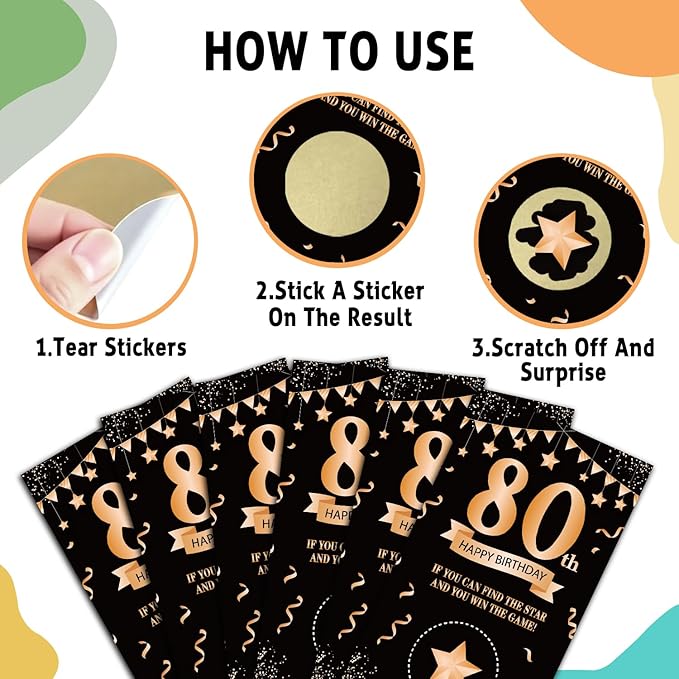 32 Pack 80th Birthday Theme Scratch Cards - Happy 80th Birthday Scratch Off Tickets - Funny Anniversary Party Celebration Supplies - Great for Party Favors, Group Activities, Adult Raffles