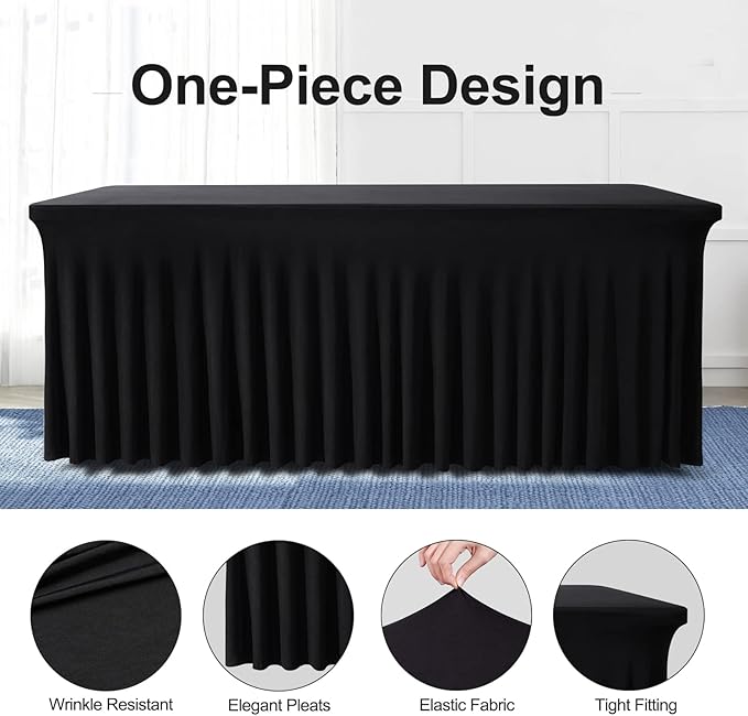 Table Skirts for Rectangle Tables 6ft - 2 Pack One-Piece Black Tablecloths and Skirt, Wrinkle Resistant Ruffles Elastic Cover for Banquets, Weddings, Events, Parties