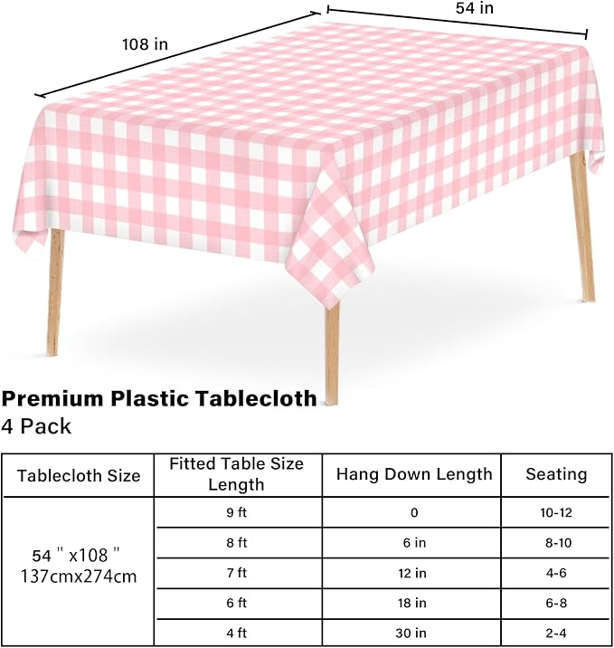 4 Pcs Pink Gingham Tablecloth 54 × 108 Inches Pink and White Checkered Table Cloth Disposable Plastic Waterproof Tablecover for Outdoor Picnic, Birthday Party, Holiday Dinner