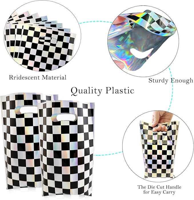 OasiZephauride 30PCS Race Car Party Favors Bags,Iridescent Black and White Party Goodie bags,Checkered Gift Bags with Handles for Kids Birthday Candy Treat Bags, Car Themed Party Supplies