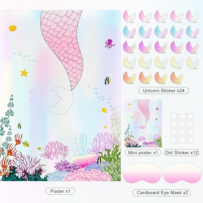 ASTARON Pin The Tail on The Mermaid Game for Birthday Party, Mermaid Party Game with 24 pcs Tail Stickers Birthday Party Supplies for Wall Home Room Decorations