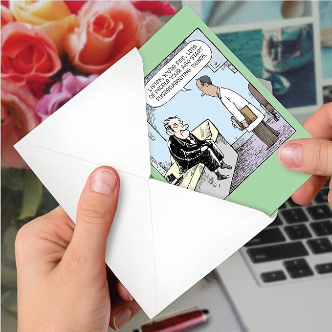 NobleWorks - 1 Humor Belated Birthday Card with Envelope - Funny Cartoons for Birthday Greetings, Celebration Notecard - Fuggedabouting Things C8828BEG