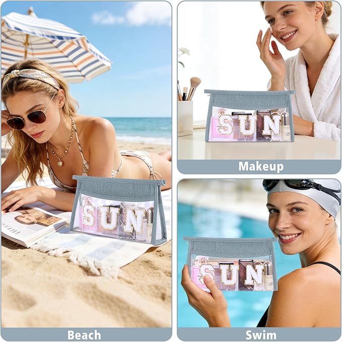 Sunscreen Bag Clear Makeup Bag Chenille Letter Sun Cosmetic Pouch Summer Beach Essential Cute Toiletry Pouch Travel Accessories Gifts for Women