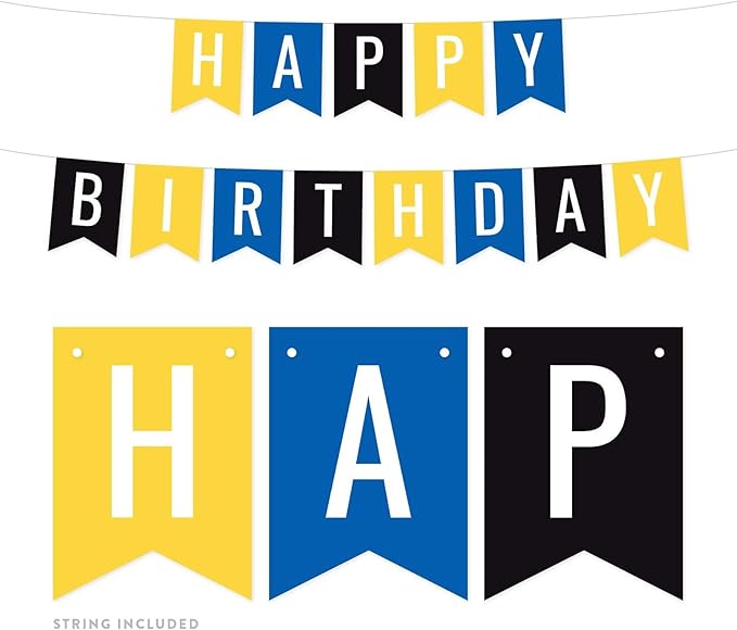 Andaz Press Hanging Pennant Banner Party Decorations, Yellow, Blue, Black, Happy Birthday, 1-Pack, Approx. 5-Feet, Police Construction Boys 1st 2nd 3rd 4th 5th Birthday Themed Decor
