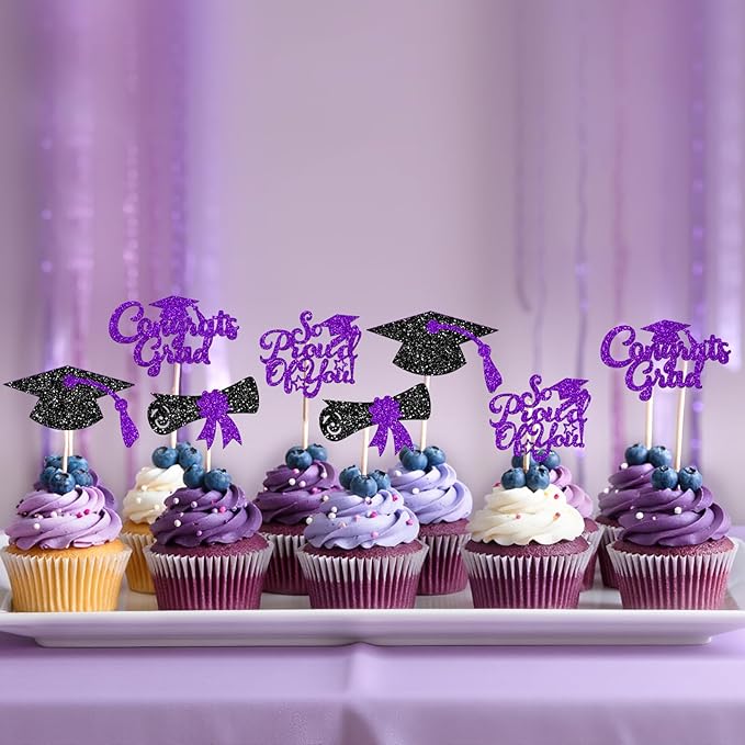 24Pcs Black Purple Graduation Cupcake Toppers 2026, Glitter Grad Cap Diploma Congrats Grad We Are So Proud of You Cupcake Toppers for Class of 2026 Graduation Party Decorations.