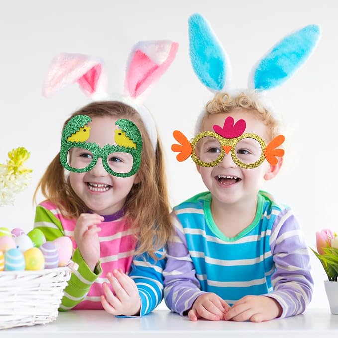 18PCS Easter Headbands Set – Bunny Ears & Glasses Frame Kit with Chick Egg Decor, Party Favors Photo Booth Props for Kids Adults