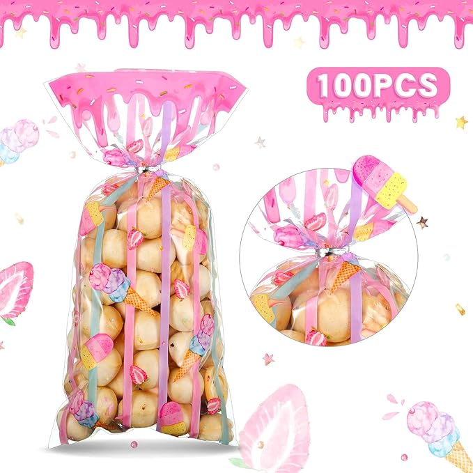 Geyee 100 Pieces Sweet Party Favors Ice Cream Treat Bags Plastic Candy Clear Cellophane Gift Bags with 100 Silver Twist Ties for Girls Kids Sweet Birthday Baby Shower Decorations Supplies