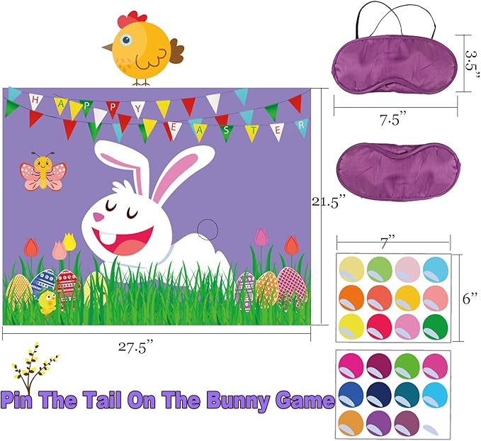 Funnlot Easter Games for Kids Pin The Tail on The Bunny with 24 Stickers Easter Party Games Easter Rabbit Game for Easter Party Decorations Easter Egg Hunt Activities