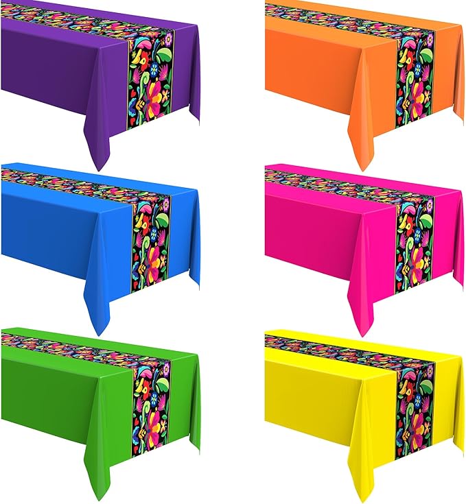 Oudain 6 Pcs Fiesta Tablecloth 108 x 54 Inch Plastic Tablecover Mexican Waterproof Tablecloth Disposable Table Cover for Taco Night Festive Mexican Fiesta Wedding Party Decoration (Multicolor)