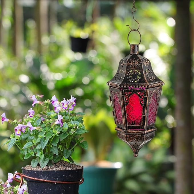 DECORKEY Moroccan Decorations, Lantern Decorative Indoor & Outdoor, 13.6’’ Vintage Decorative Hanging Lantern with Chian for Home Porch Patio Decor, Metal Ramadan Christmas Candle Holders(Plum Red)