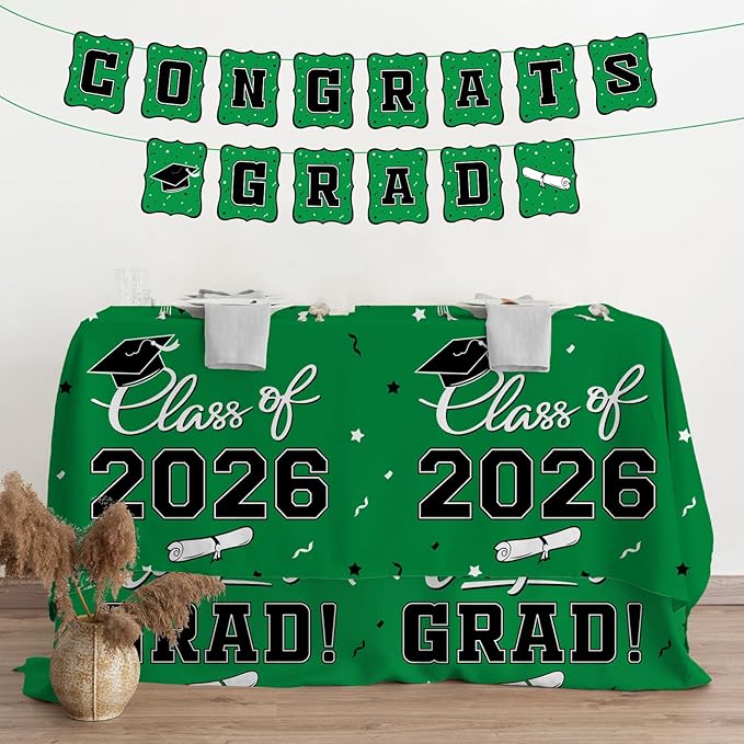 Gatherfun 2026 Graduation Decorations : 2-Pack Congrats Grad Disposable Tablecovers - Class of 2026 Green Themed Table Cloths, for Graduation Party Supplies & Graduation Backdrop, 54" X 108"