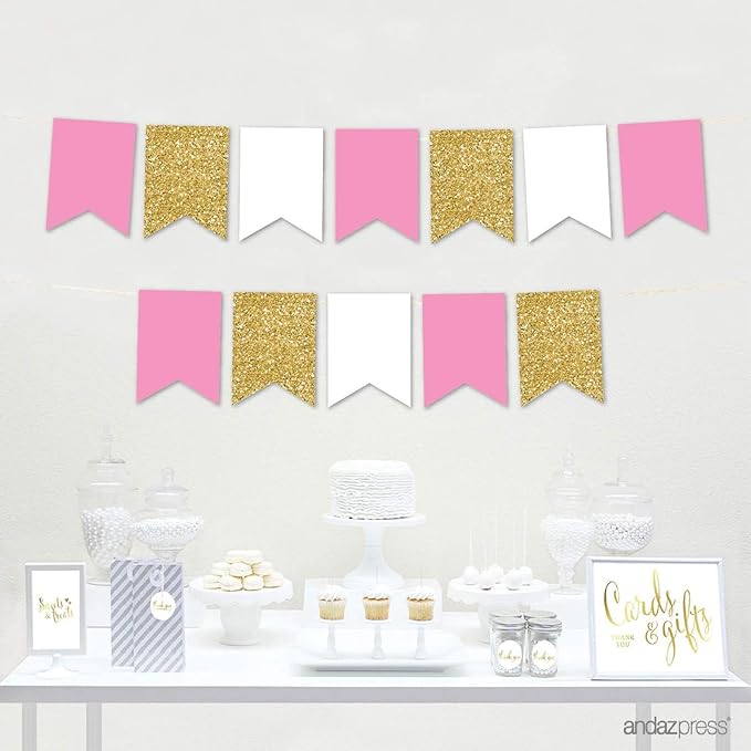 Andaz Press Hanging Pennant Banner with String, Pink, White, Faux Gold Glitter, 1-Set, 24 Pennants, Approx. 12-Feet Long, Girl's 1st Birthday Baptism Communion Theme Colored Supplies