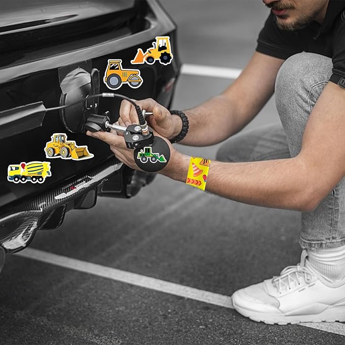 74Pcs Engineering Vehicle Theme Party Favors Contain 24 Pcs Engineering Vehicle Slap Bracelets 50Pcs Engineering Stickers, Birthday Party Decorations,Classroom Rewards Supplies.