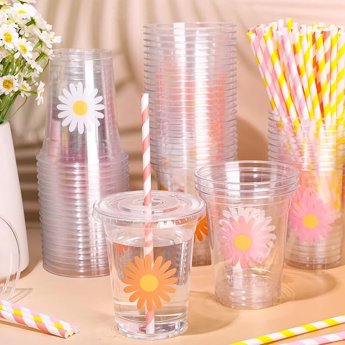 Whaline 60Pcs Daisy Disposable Plastic Cups with Lids and Straws White Pink Orange Daisy Flower Cold Beverage Drinking Cups for Wedding Birthday Baby Shower