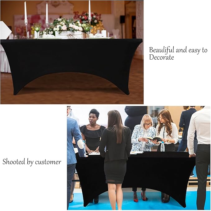 Table Covers for 6 Foot Tables, 6 Pack Black Washable and Wrinkle Resistant Stretch Tablecloths Rectangle 6ft for Events, Wedding, Banquets, Parties