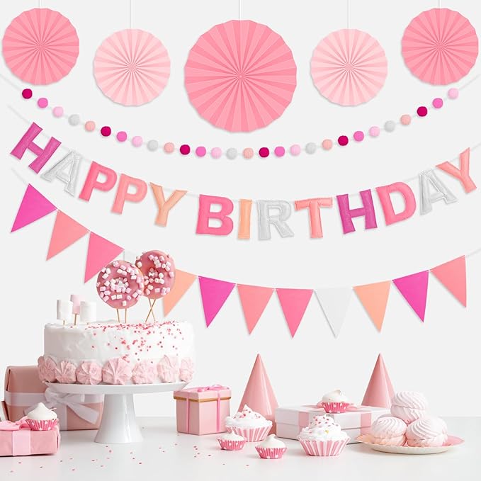 Pre-Strung Happy Birthday Banner, Reusable Felt Birthday Party Decorations, 3D Effect Happy Birthday Sign with Felt Ball Garland, Pennant Flag, Hanging Paper Fans for Men Women Boy Girls (Pink)