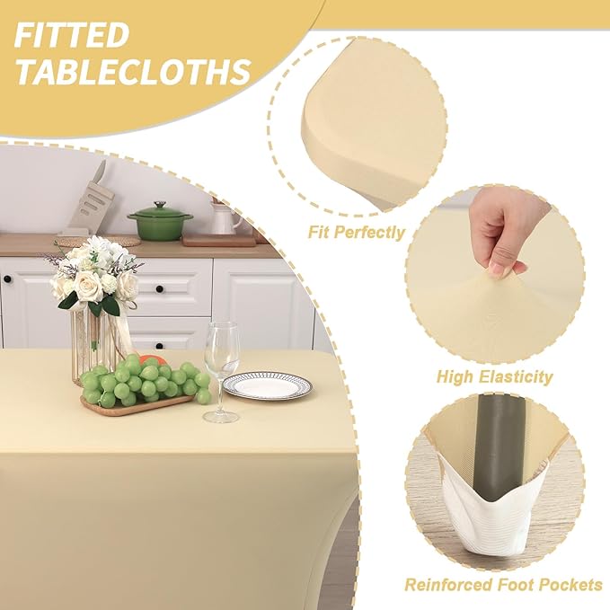 Fixwal 3 Pack Champagne Beige Cream Stretch Spandex Tablecloth 6FT - Fitted Washable Wrinkle Resistant Rectangular Table Cover for Wedding Trade Show Party Event [72Lx30Wx30H Inch]