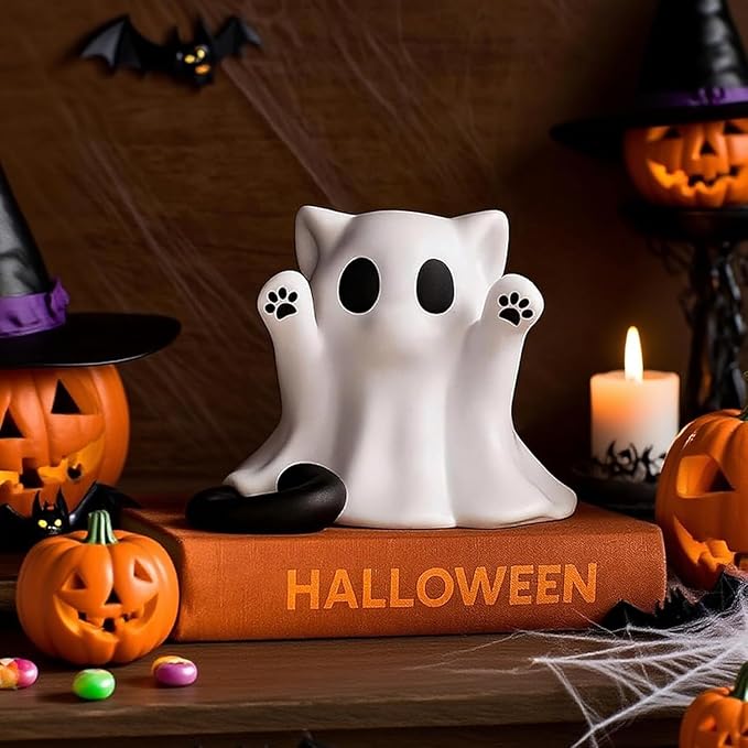 Halloween Ghost Statue Cute Spooky Figurines Desk Decor Cartoon Mini Spooky Decorations Halloween Unique Cat Ghost Figurines for Festive Home and Office Desktop Decor Display Ornaments