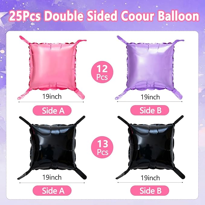 Pink and Purple Black Square Foil Balloons Wall, 19'' Reusable DIY Mylar Double Balloons Garland Tunnel Arch Kit for Baby Shower Anniversary Bachelorette Birthday Engagement Bridal Decor ﻿