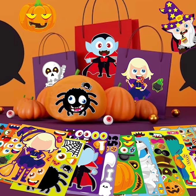 24 Sheets Halloween Stickers for Kids, Halloween Decorations, Kids Party Games, Face Stickers, Vinyl, Waterproof, Cartoon, Halloween Style