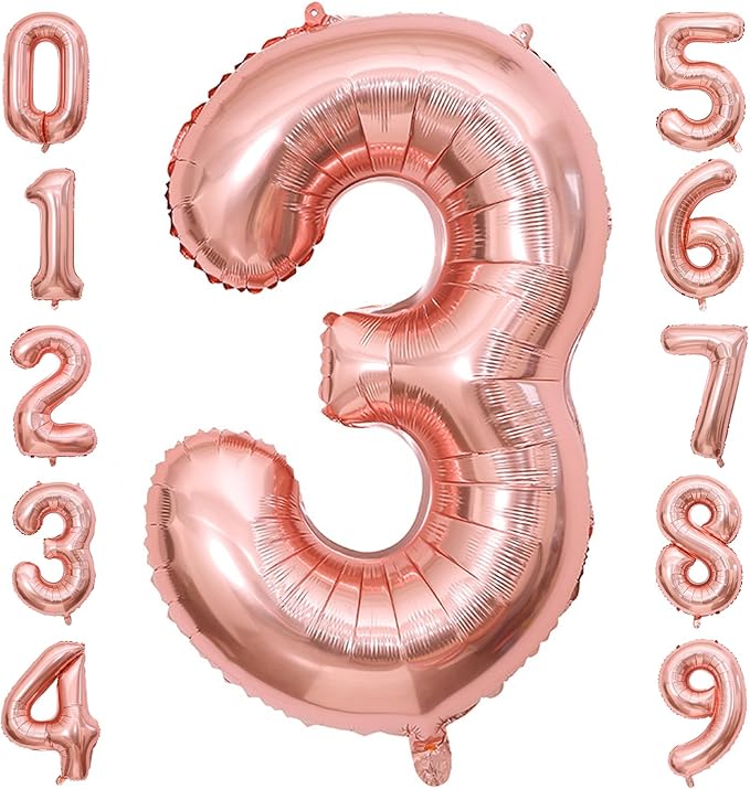 40 Inch Rose Gold Number Balloon 3, Large Number Foil Balloons Mylar for Girl Boy Birthday Party Celebration Decorations Supplies, Digital Balloons for Wedding Anniversary Events Decorations