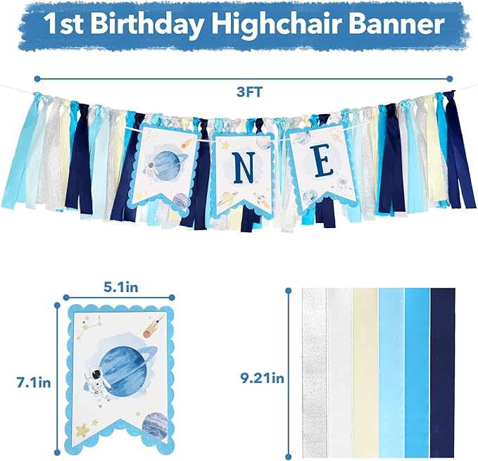 1st Birthday Outer Space High Chair Banner, First Trip Around the Sun Boy First Birthday Party Decor, Astronaut Rocket Space Theme High Chair ONE Banner