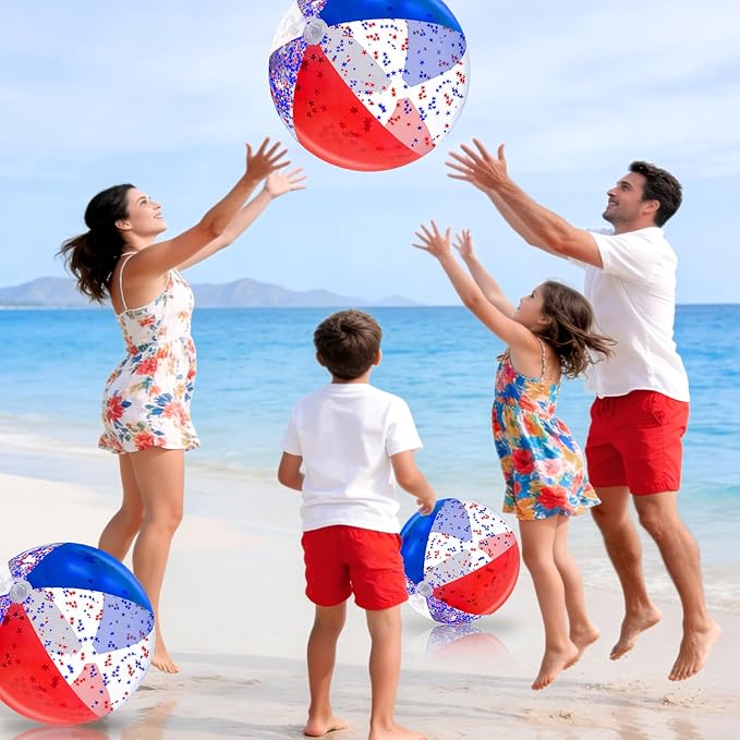 TURNMEON 6 Pack 20 Inch Patriotic Inflatable Beach Balls Bulk, 4th of July Confetti Red White and Blue Large Beach Ball for Kids Adults Beach & Summer Pool Party Decorations,Outdoor Pool Toys Game