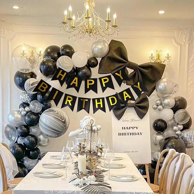 Happy Birthday Banner, Flag Bunting for Birthday Backdrop Decor, Happy Birthday Sign Party Supplies for Girls Boys Kids and Women Party Hanging Decor (Black&Gold)