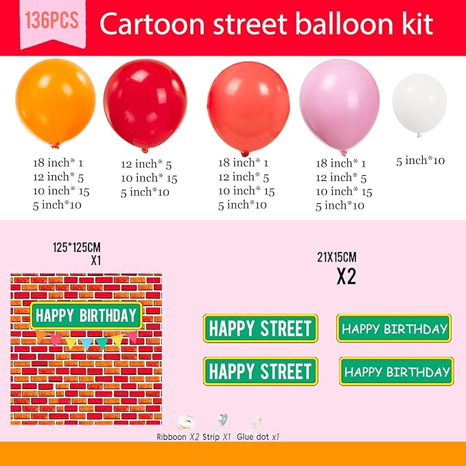 Sesame Friends Birthday Party decorations Cartoon orange red white Balloon Garland Kit With red brick birthday backdrop stickers For kids birthday decorations