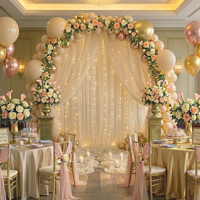 10 FT x 10 FT Champagne Backdrop Curtain - Tulle Backdrop Curtain with 9.8FT Lights String - Sheer Backdrop Curtains with 4 Inch Rod Pockets for Birthday Party Weddings Baby Shower Photo Booth Props