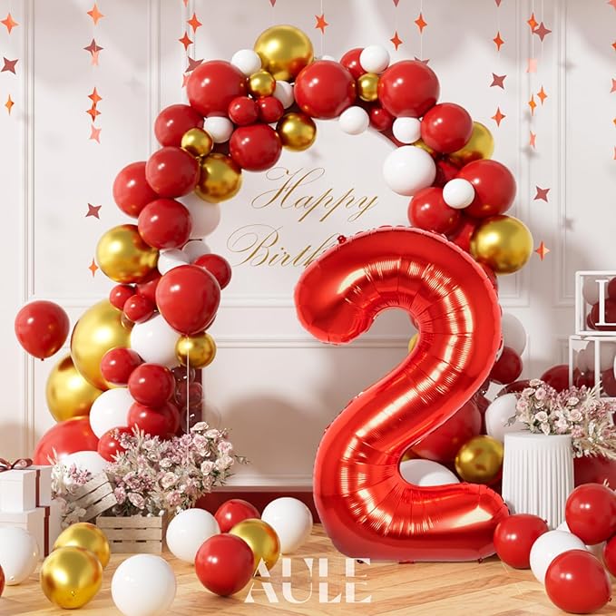 AULE 40 Inch Big Red 2 Balloon Number Large Foil Helium Number Balloons 0-9 Jumbo Giant Happy 2nd Birthday Party Decorations for Boy or Girl Huge Mylar Anniversary Party Supplies