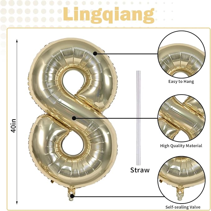 Light Gold Number 18 Birthday Balloons, 40 Inch Large Champagne Gold Foil Number 1 & 8 Balloons for 18 Year Old Boys Girls, Gold 18th Birthday Balloons for Women Men Anniversary Party Decorations
