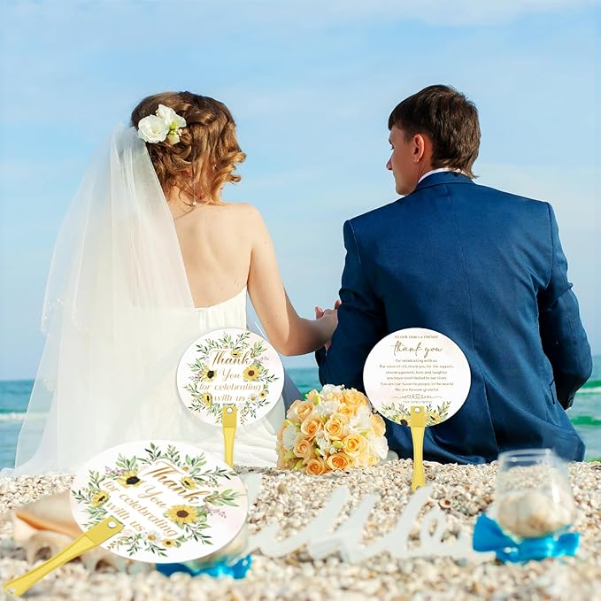 100 Pcs Wedding Hand Fans for Guests Bulk Decorative Plastic Handheld Wedding Favor Fans with Handle Thank You for Celebrating with Us for Ceremony Bridal Shower Party Decor(Sunflower)