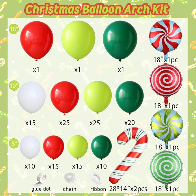 147 Pcs Christmas Balloon Garland Arch Kit with Xmas Red and Green Candy Cane foil Balloons, Red Green White Candy Balloons for for Christmas Party Decorations Birthday Supplies
