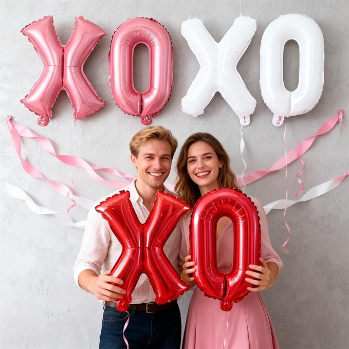12 Pcs XO Valentines Balloons, 16 Inch Red Pink XOXO Letters Foil Mylar Balloons Banner Valentine Day Balloon Decorations for Romantic Galentines Day Bridal Shower Engagement Anniversary Party Decor