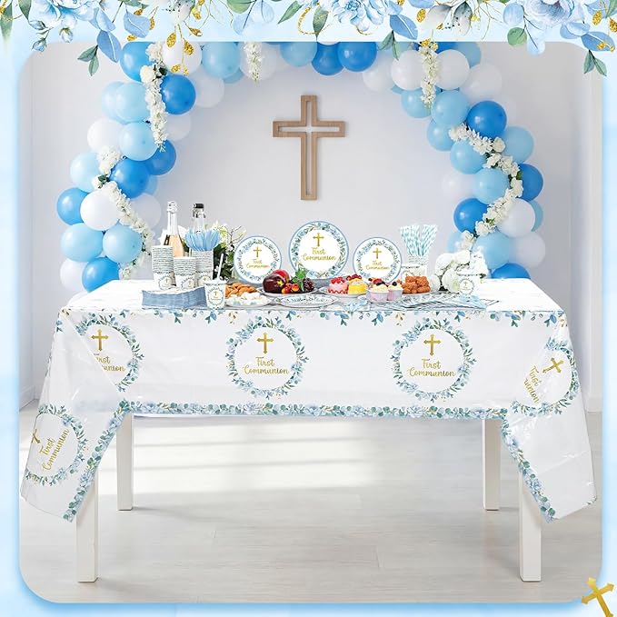 Ceenna 452 Pcs First Communion Party Decoration Boy for 50, Blue Baptism Paper Plate Napkin Cup Tablecloth Cutlery Straw God Bless Disposable Tableware for Christening Religious Baby Shower Supplies
