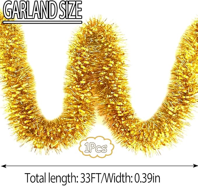 33Ft Christmas Tinsel Garland Shiny Thick Tinsel Xmas Tree Decor Metallic Twist Foil Garland for New Year Parties Birthday Party Thanksgiving Day Parade Floats Indoor Outdoor Supplies - Gold