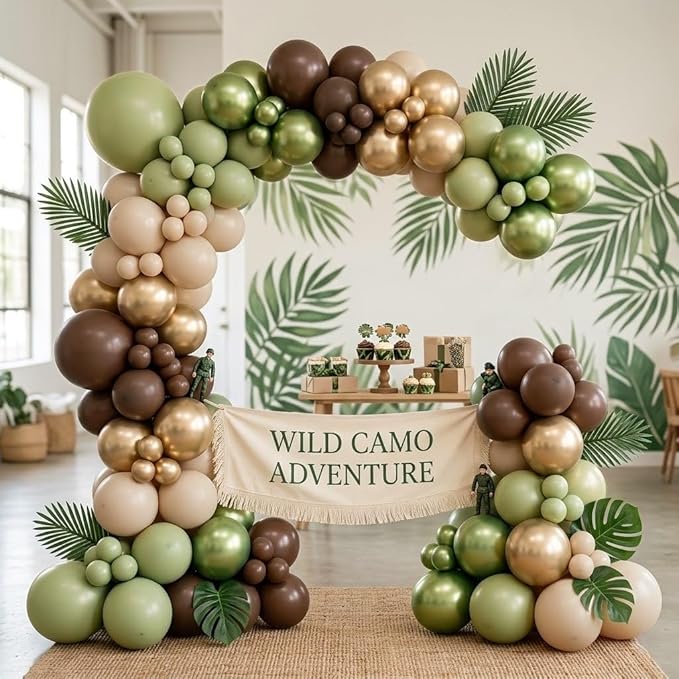 Sage Green Brown Safari Balloons, 60PCS Dusty Olive Green Coffee Beige Metallic Gold Eucalyptus Latex Balloon, Camo Army Hunting Balloons for Woodland Baby Shower Birthday Party Decorations Supplies